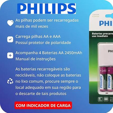 Kit 04 Pilhas AA 2450 Original Recarregáveis Fone Microfone - Philips -  Carregador de Pilha - Magazine Luiza