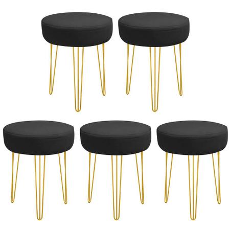 Imagem de Kit 05 Banqueta Alta Julia Industrial 55cm Ferro Dourado material sintético Preto - Ahz Móveis