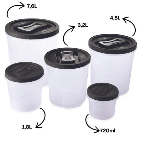 Kit 05 Potes para Mantimentos Redondo Plasútil Preto Arroz Grãos Hermético Cozinha Geladeira Feijão Alimentos Plástico Cozinha Imagem de Kit 05 Potes para Mantimentos Redondo Plasútil Preto Arroz Grãos Hermético Cozinha Geladeira Feijão Alimentos Plástico Cozinha