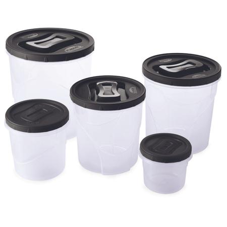 Kit 05 Potes para Mantimentos Redondo Plasútil Preto Arroz Grãos Hermético Cozinha Geladeira Feijão Alimentos Plástico Cozinha Imagem de Kit 05 Potes para Mantimentos Redondo Plasútil Preto Arroz Grãos Hermético Cozinha Geladeira Feijão Alimentos Plástico Cozinha