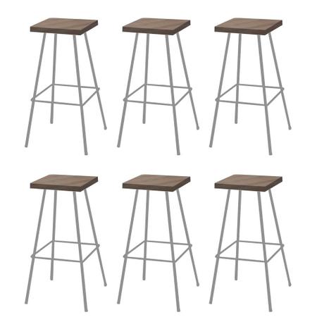 Imagem de Kit 06 Banquetas Alta Eliza 75cm Industrial Para Cozinha Ferro Cinza 100% MDF Castanho - Ahz Móveis