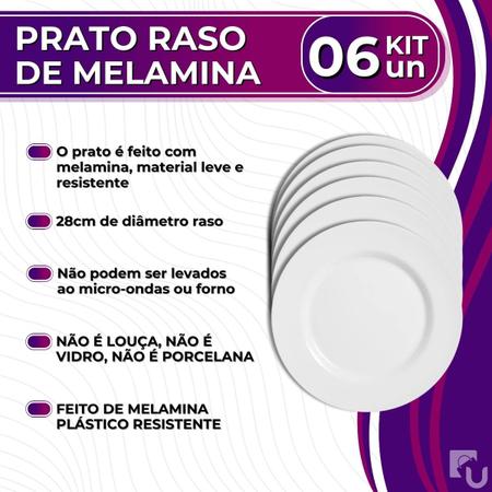 Imagem de Kit 06 Pratos Raso Redondo Branco de Melamina 28cm Leve Resistente - Bestfer