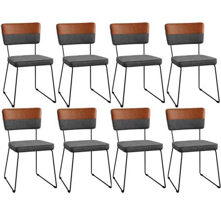 Imagem de Kit 08 Cadeiras Decorativas Allana L02 Faixa Tecido Sintético Camel Linho Cinza Escuro - Lyam Decor