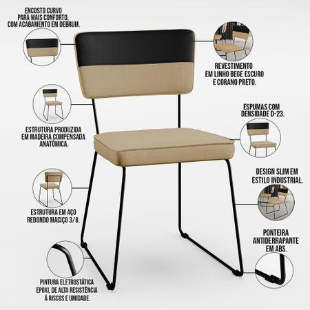 Imagem de Kit 08 Cadeiras Decorativas Base De Aço Allana L02 Faixa Material Sintético Preto Linho Bege Escuro - Lyam Decor