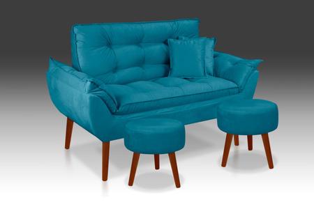 Imagem de Kit 1 Namoradeira Opala + 2 almofadas soltas + 2 Puf Redondo - Suede Azul Tiffany - THAINA DECORA