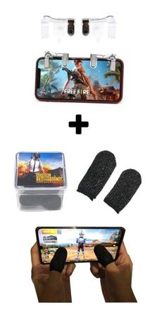 Imagem de Kit 1 Par Luva De Dedo Gamer Case + 1 Par Gatilhos R1 L1 Escolha o Jogo Free Fire PubG Mobile