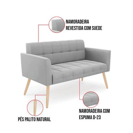 Imagem de Kit 1 Sofá Namoradeira e 2 Poltronas Elisa Suede Pés Palito Natural - D'Rossi