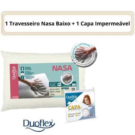 Imagem de Kit 1 Travesseiro Nasa Baixo + 1 Capa Protetora Duoflex - Antiácaro - Espuma Viscoelástica Nasa