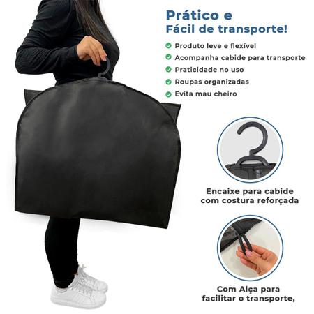 Imagem de Kit 10 Capa Protetora Para Ternos Proteção Preta Respiravel Com Ziper Reforçado Premium TNT Tansporte Saco Antimofo Vestidos Com Cabide