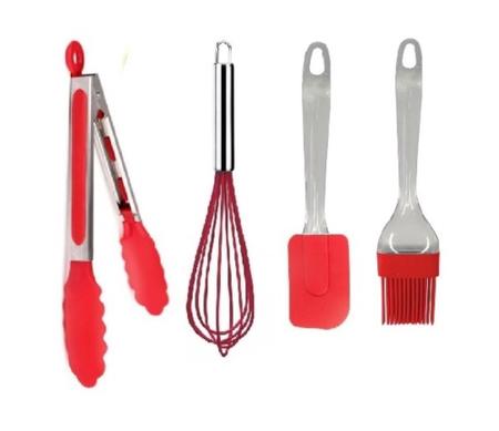 Imagem de Kit 10 Colheres de Silicone Vermelho Cabo Inox com Colheres Medidoras