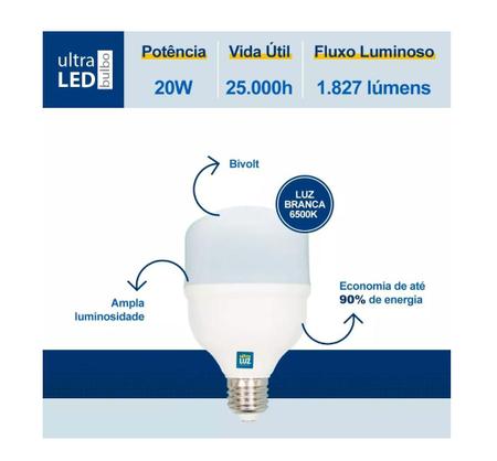 Imagem de Kit 10 Lâmpada Led Bulbo 20w Led 6500k E27 Super Econômica Branco Frio Ultra Luz ( 12 meses de garantia)