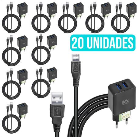 Imagem de Kit 10 Peças Carregador Fonte Turbo 2 Entrada Usb Com Cabo V8 Micro Usb 