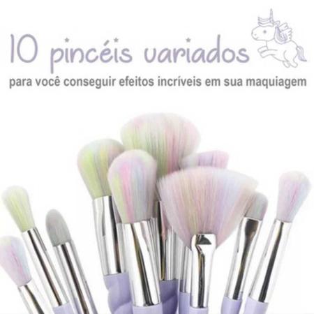 Imagem de Kit 10 Pinceis maquiagem Profissional Holográfico Cabo Unicórnio 907 - Lorben