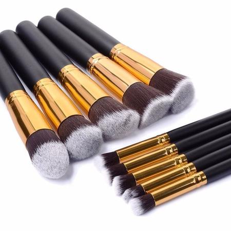 Imagem de Kit 10 Pinceis Para Maquiagem Kabuki Preto Com Dourado