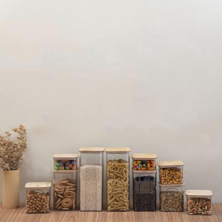 Imagem de kit 10 potes de acrílico com tampa de bambu quadrados mantimento - oikos