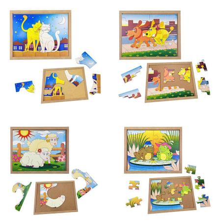 Kit 4 Quebra-Cabeças de Animais Madeira Infantil Pedagógico