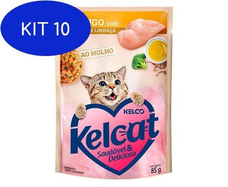 Imagem de Kit 10 Ração Úmida Kelcat Frango Brócolis Linhaça Gatos Adultos 85G