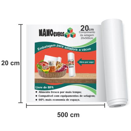 Imagem de Kit 10 Rolos Nanocubos 20x500cm Embalagem Sacos refil bobina com Ranhura Gofrada para Seladora A Vácuo