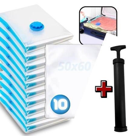 Imagem de Kit 10 Saco Organizador A Vácuo + Bomba Para Viagem Roupa Cobertor Protetor Com Zíper Clink 50x60cm