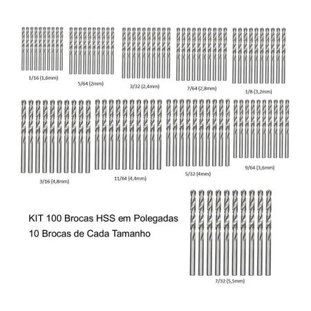 Imagem de Kit 100 Brocas Aço 1,6Mm(1/16) A 5,5Mm(7/32) Hss Din338