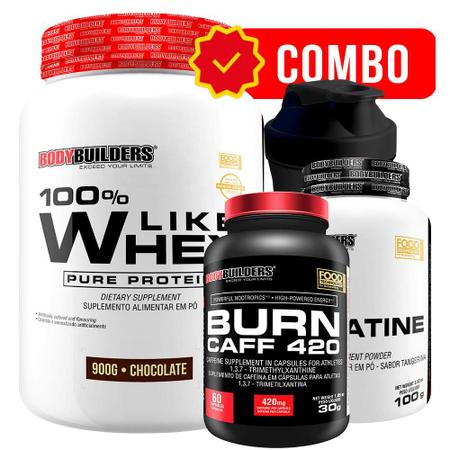 Imagem de Kit 100% Like Whey 900g + Burn Caff 60 caps  + Power Creatina 100g + Coqueteleira - Bodybuilders