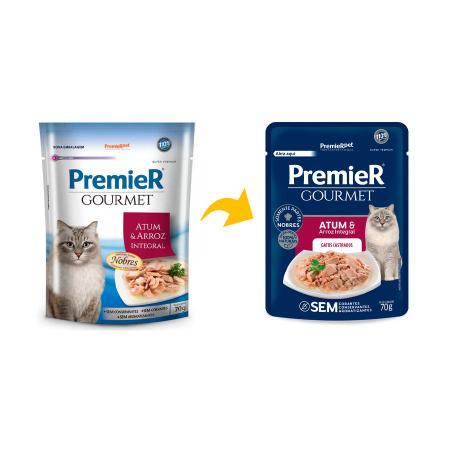 Imagem de Kit 10un Rações Úmidas Sachê Premier Gourmet Gatos Castrados Atum e Arroz Integral 70g