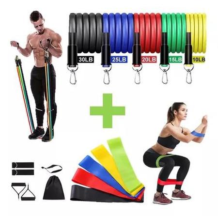 Imagem de Kit 11 Elástico E 5 Mini Band Exercícios Treino Musculação Pilates