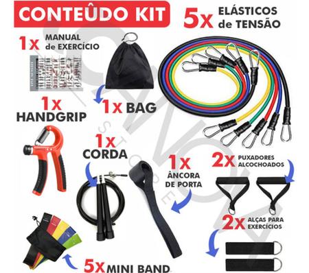 Imagem de Kit 11 Elastico Exercicio + 5 Mini Band + Hand Grip + Corda - Treine em Casa