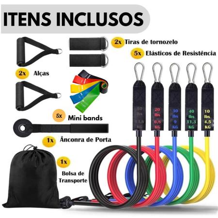 Imagem de Kit 11 Elástico Extensor Faixa Elástica Treino em Casa Funcional + 5 Mini Bands Forte Academia Tubing