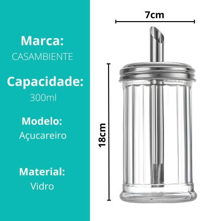 Imagem de Kit 12 Açucareiro De Vidro Com Bico Dosador Aço Inox Açúcar 300ml