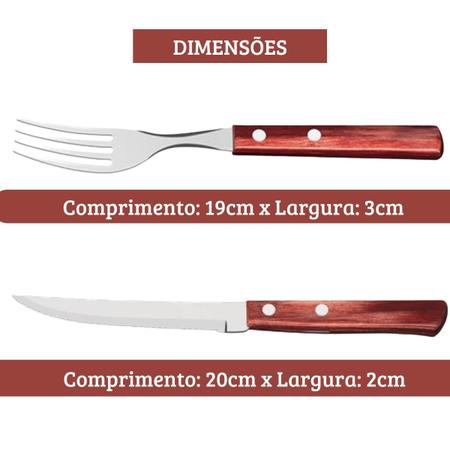 Imagem de Kit 12 Garfos + 12 Facas Inox Cabo Madeira Restaurante 24Pçs