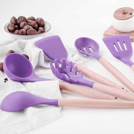 Imagem de Kit 12 Peças Jogo de Cozinha Utensílios Talheres Silicone com Cabo de Madeira