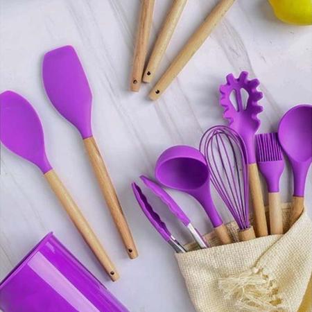 Imagem de Kit 12 Peças Jogo de Cozinha Utensílios Talheres Silicone com Cabo de Madeira