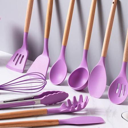 Imagem de Kit 12 Peças Jogo de Cozinha Utensílios Talheres Silicone com Cabo de Madeira