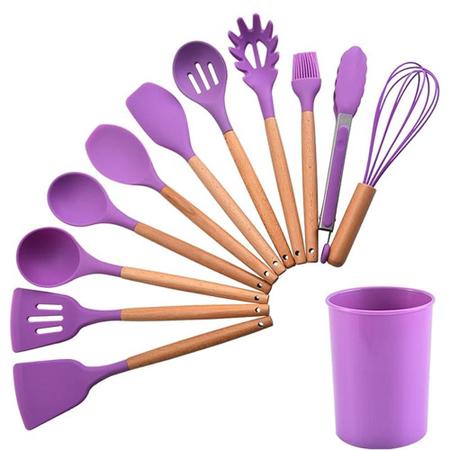 Imagem de Kit 12 Peças Jogo de Cozinha Utensílios Talheres Silicone com Cabo de Madeira