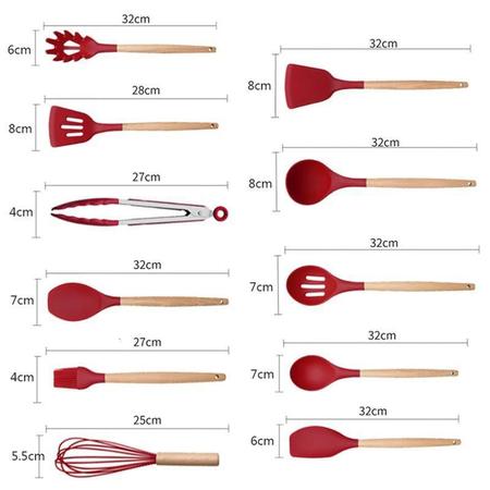 Imagem de Kit 12 Peças Utensílios Silicone Vermelho Concha Em Madeira