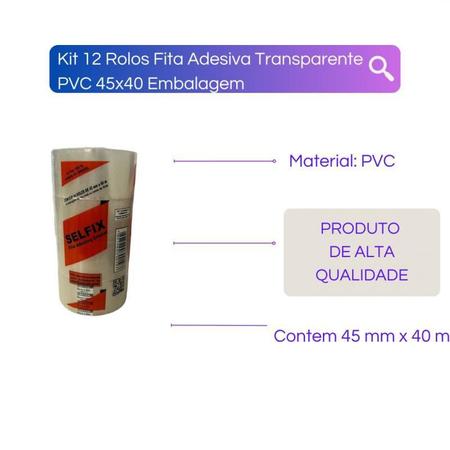 Imagem de Kit 12 Rolos Fita Adesiva Transparente Pvc 45X40 Embalagem