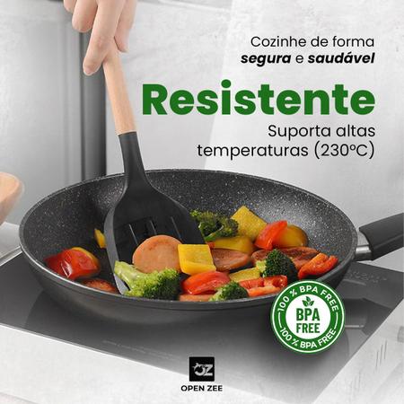 Imagem de Kit 12 Utensílios de Cozinha Silicone Conjunto Cabo de Madeira Copo Suporte