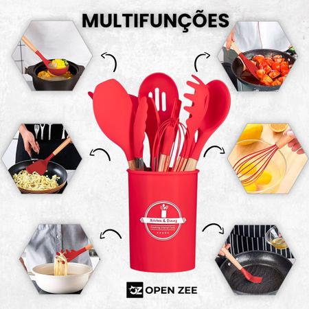 Imagem de Kit 12 Utensílios de Cozinha Silicone Conjunto Cabo de Madeira Copo Suporte