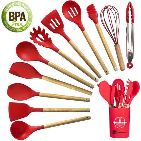 Imagem de Kit 12 Utensílios de Cozinha Silicone Conjunto Cabo de Madeira Copo Suporte