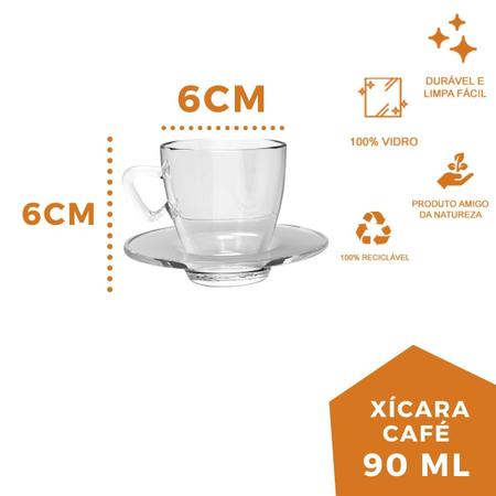 Imagem de Kit 12 Xícaras Café e Chá Vidro 90mL C/ Pires Transparente