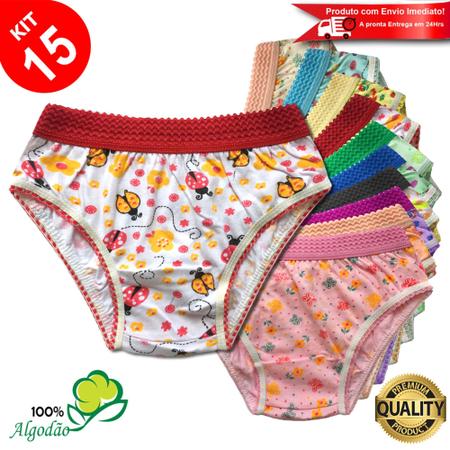 Imagem de Kit 15 Calcinhas Infantil Algodão Estampada Cós Elástico Menina Revenda