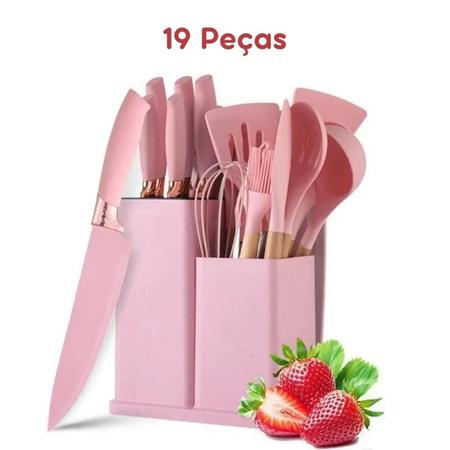 Imagem de Kit 19 Utensílios De Cozinha Silicone Cabo Madeira Premium