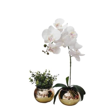 Imagem de Kit 2 Arranjos Flores De Orquídea Branca E Vaso Dourado