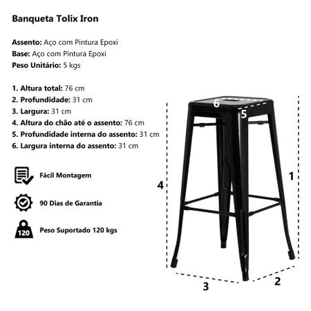 Imagem de Kit 2 Banquetas Tolix Iron Design Industrial Preta 76 cm Aço Cozinha Bar Bistrô Bancada
