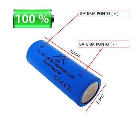 Imagem de Kit 2 Baterias Recarregáveis 12000mah Profissional Lítio 26650 4.2v Para Lanterna Rádio DY26650