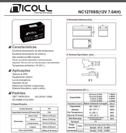 Imagem de Kit 2 Baterias Recarregável Alarmes/ Cerca Elétrica,Ups / Nobreak,NNc1270 12v 7Ah -NICOLL