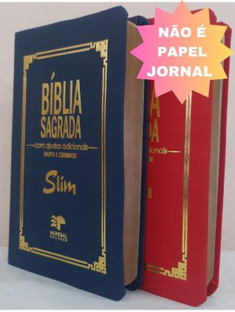 Imagem de Kit 2 biblia slim ultrafina com ajudas adicionais e harpa - capa luxo azul marinho + vermelha