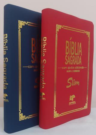 Imagem de Kit 2 biblia slim ultrafina com ajudas adicionais e harpa - capa luxo azul marinho + vermelha