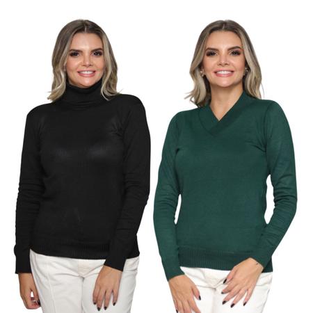 Imagem de Kit 2 Blusas Feminina de Tricô  Manga Longa Cacharrel Moda Inverno 